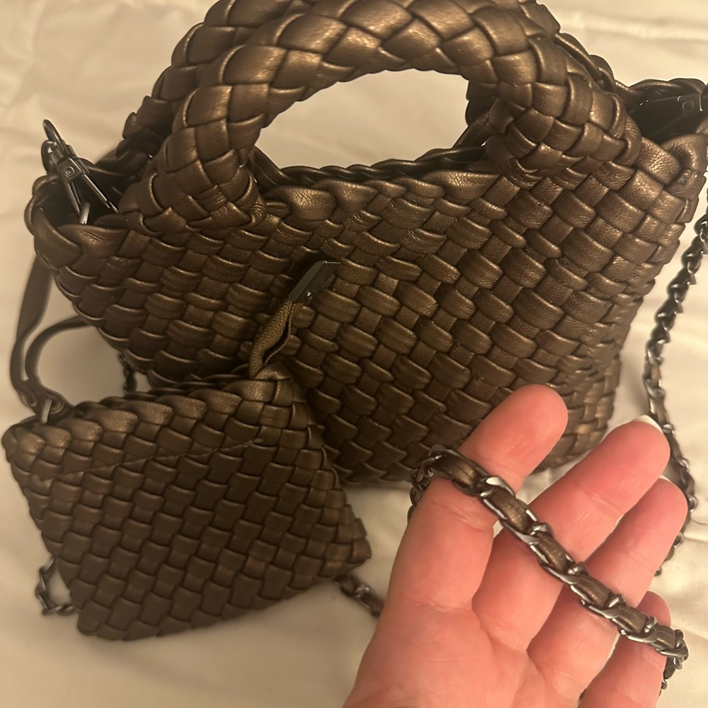 Woven Metallic Bronze Handbag with Chain Strap. 5 1/2 x 7